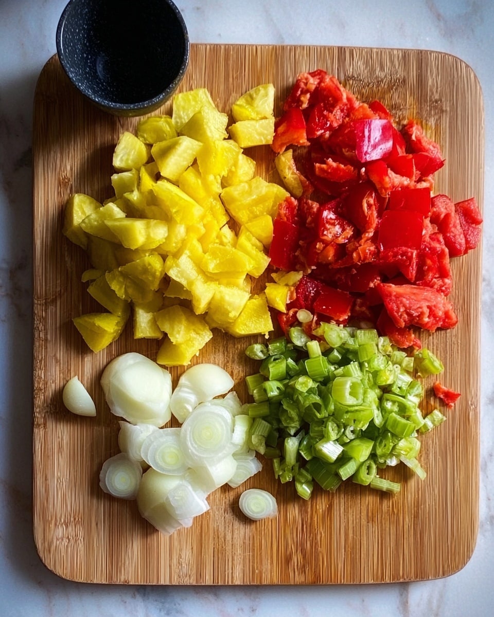 A wooden cutting board is placed on a white marbled surface. On the board, there are four piles of chopped ingredients arranged in a rough square shape. The top left pile is bright yellow chunks with a soft texture. To the right of it is a pile of red pieces with some slight white inside, looking firm and fresh. Below the yellow pile on the bottom left are small white rounds with a smooth surface. On the bottom right, next to the white rounds, are vibrant green chopped pieces with a slightly firmer texture, likely the same vegetable as the white rounds but showing green parts. In the top left corner of the cutting board is a small black round container. Photo taken with an iphone --ar 4:5 --v 7