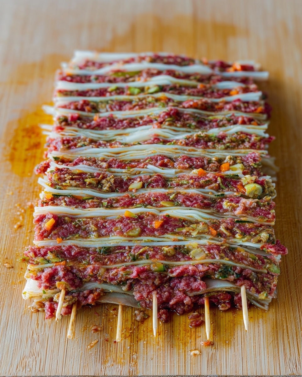 The image shows a layered dish with many thin layers stacked on top of each other, totaling about 17 visible layers. Each layer alternates between thin white sheets and a mix of reddish minced meat combined with small pieces of green and orange vegetables, creating a textured and colorful pattern. The layers are aligned flat on a wooden board, held together by wooden skewers placed horizontally underneath. The wooden board is light brown, with some food bits visible around the dish. Photo taken with an iphone --ar 4:5 --v 7