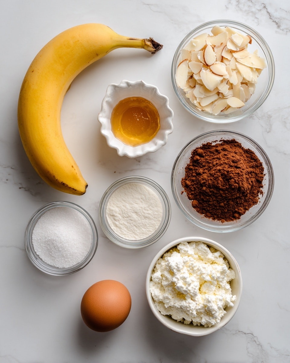 The image shows eight ingredients arranged neatly on a white marbled surface. At the top is a whole yellow banana with smooth skin. Below it, on the left, a small glass bowl holds white almond flakes. Next to it, a white ramekin contains golden honey with a shiny, smooth texture. Below the almond flakes, there is a small glass bowl with white coarse salt, and next to it, another small glass bowl filled with white baking powder. Below those, a glass bowl holds a brown egg with a smooth shell. To the right of the egg, a white ramekin contains brown cocoa powder with a fine texture. At the bottom right corner, a white ramekin is filled with white cottage cheese, showing a lumpy, creamy texture. All items are clearly labeled with black text on white tags. photo taken with an iphone --ar 4:5 --v 7