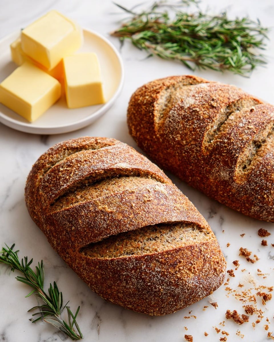 The image shows two oval-shaped loaves of bread with a rough and crunchy brown crust, each loaf having four deep slashes across the top, revealing a dense inner texture. The bread rests directly on a white marbled surface scattered with small crumbs. In the background, there is a small white plate holding three yellow blocks of butter and some green sprigs of rosemary placed nearby, adding a fresh touch to the scene. The photo taken with an iphone --ar 4:5 --v 7