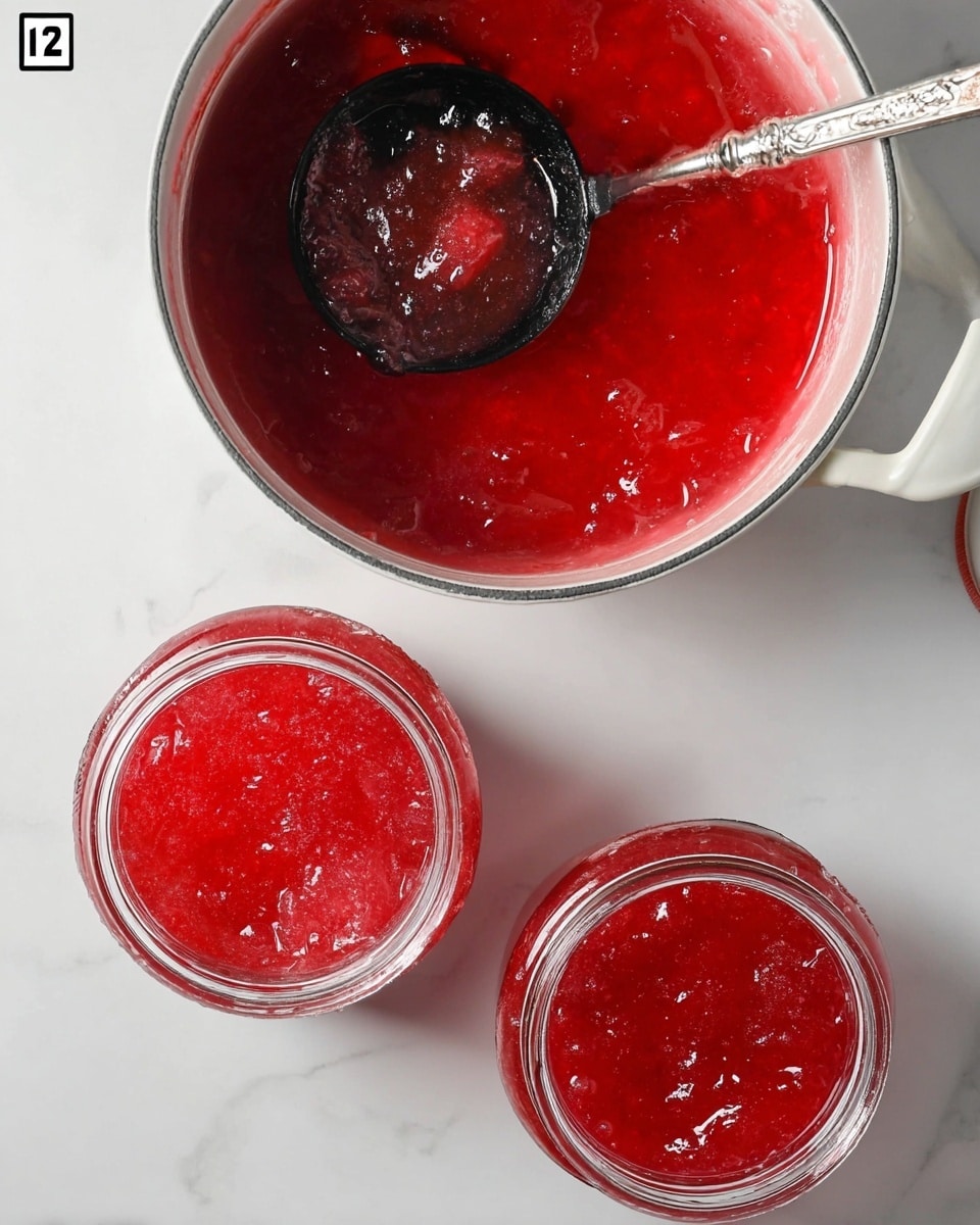 The image shows a white pot filled with bright, shiny red jelly that has a smooth texture with some translucent strands inside, sitting on a white marbled surface. Below the pot, there is a black ladle holding some of the same jelly, with a shiny silver handle partially visible. Next to the ladle, there are two clear glass jars filled with the red jelly, showing a thick and slightly bubbly texture on top. The jars are placed side by side on the white marbled surface, and the pot handle is visible on the right side. Photo taken with an iphone --ar 4:5 --v 7