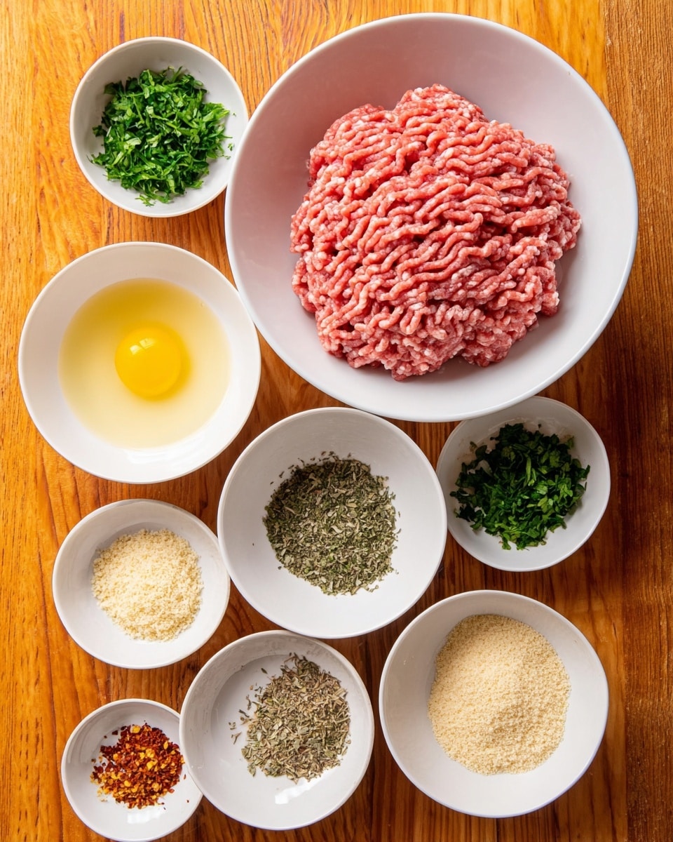 The image shows a top view of several white bowls arranged on a wooden surface, each containing different ingredients. At the top center, one bowl holds a thick layer of raw, pink ground meat with visible muscle fibers. Below and around it, other bowls contain separate ingredients: one with a bright yellow raw egg yolk and clear egg white, another filled with finely chopped dark green leafy herbs, one with light beige breadcrumbs, a bowl of pale yellow powder, a small bowl with a mixture of dried green and brown herbs, another with light brown powder, and one with orange-red chili flakes. All bowls are stark white, placed on a natural wooden table with warm tone. photo taken with an iphone --ar 4:5 --v 7