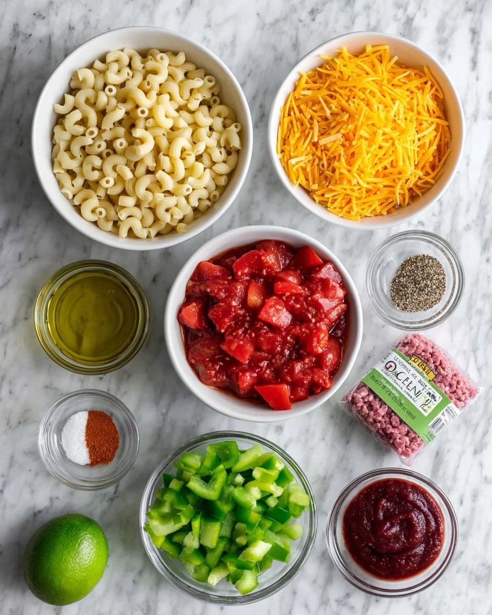 The image shows ingredients arranged on a white marbled surface for a recipe. There are nine visible parts: a white bowl full of cooked elbow macaroni pasta that looks light yellow, a white bowl filled with shredded bright orange cheddar cheese, and a clear bowl containing deep red cooked tomato chunks in sauce. A white bowl holds fresh green bell pepper pieces, next to a clear bowl with small white chopped onion pieces. There’s a small clear bowl with a reddish-brown spice mix, another with shiny green olive oil, and a tiny clear bowl with black and white seasonings. A small clear bowl contains dark red tomato paste. The raw ground beef package in green and red colors is placed near all the bowls, and a whole bright green lime sits nearby. Photo taken with an iphone --ar 4:5 --v 7