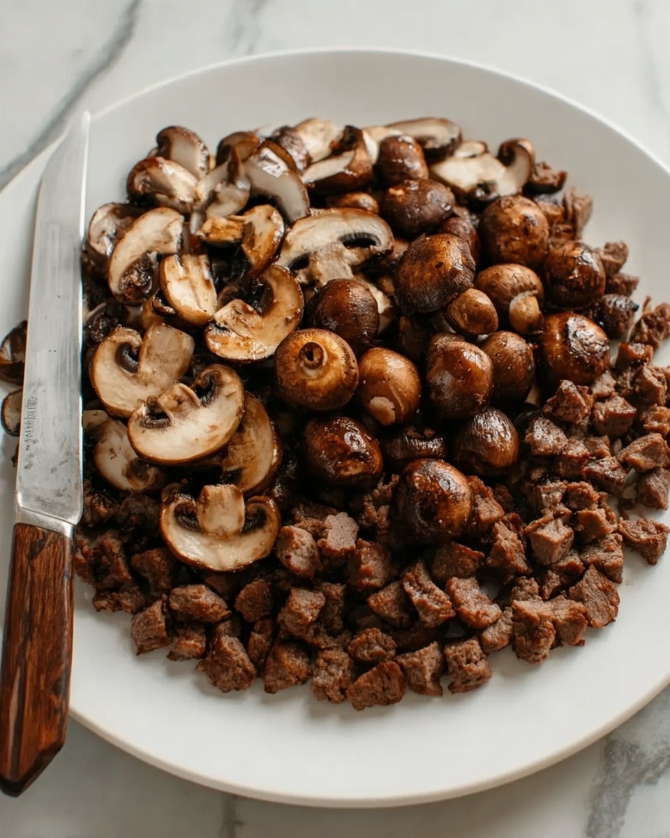 A white plate filled with two main layers: the bottom layer is small pieces of cooked brown meat, and the top layer consists of halved cooked mushrooms with a deep brown color and slightly shiny texture. A metal spatula with a brown wooden handle rests on the edge of the plate. The plate sits on a white marbled surface. Photo taken with an iphone --ar 4:5 --v 7