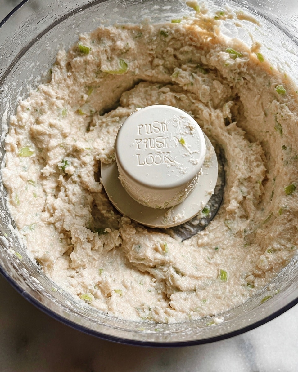 A close-up view of a clear glass food processor bowl filled with a thick, creamy mixture that is pale beige in color with small green pieces mixed in. The texture looks coarse and slightly chunky. The center has a white plastic column with the words