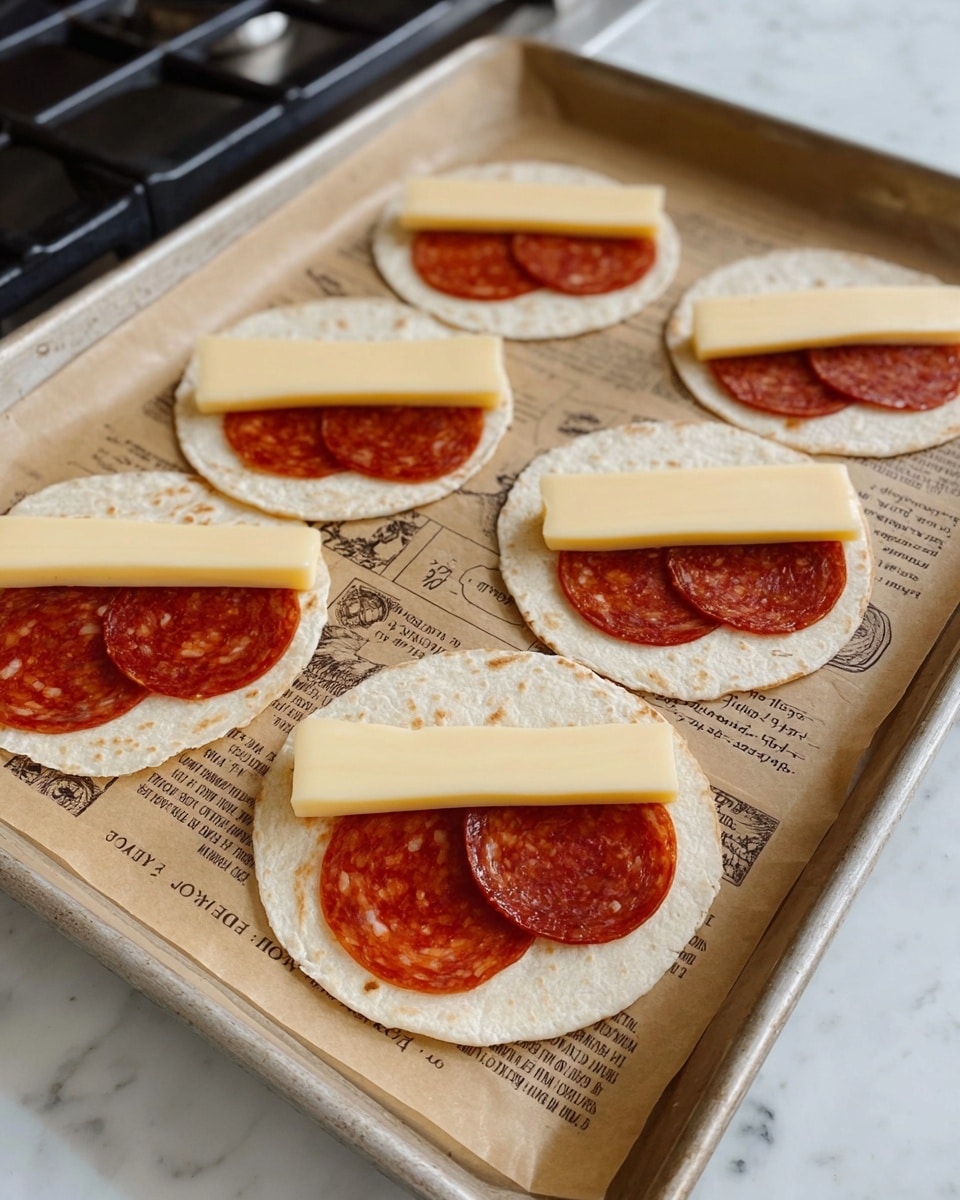 Five small round tortillas lie flat on a baking sheet lined with printed parchment paper with text and food illustrations. Each tortilla has two layers: the bottom layer is several slices of round, reddish pepperoni, arranged in a line near the center, and the top layer is a long, pale yellow stick of cheese placed horizontally on top of the pepperoni. The baking sheet sits on a stovetop with a white marbled surface around it. Photo taken with an iphone --ar 4:5 --v 7