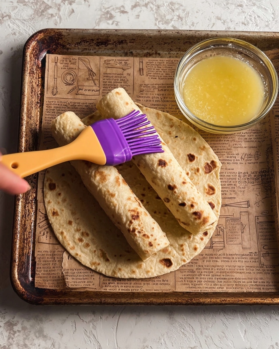 Two rolled tortillas lay side by side on brown parchment paper with printed text and drawings, placed inside a worn metal baking tray. Each tortilla is light brown with darker brown spots, indicating they are lightly toasted or cooked. At the top center, a woman's hand holds a purple silicone brush, applying a thin layer of melted butter spread evenly across the tortillas. The small glass bowl nearby holds more melted butter with a slightly frothy texture. The background surface beneath the tray has a white marbled texture. photo taken with an iphone --ar 4:5 --v 7