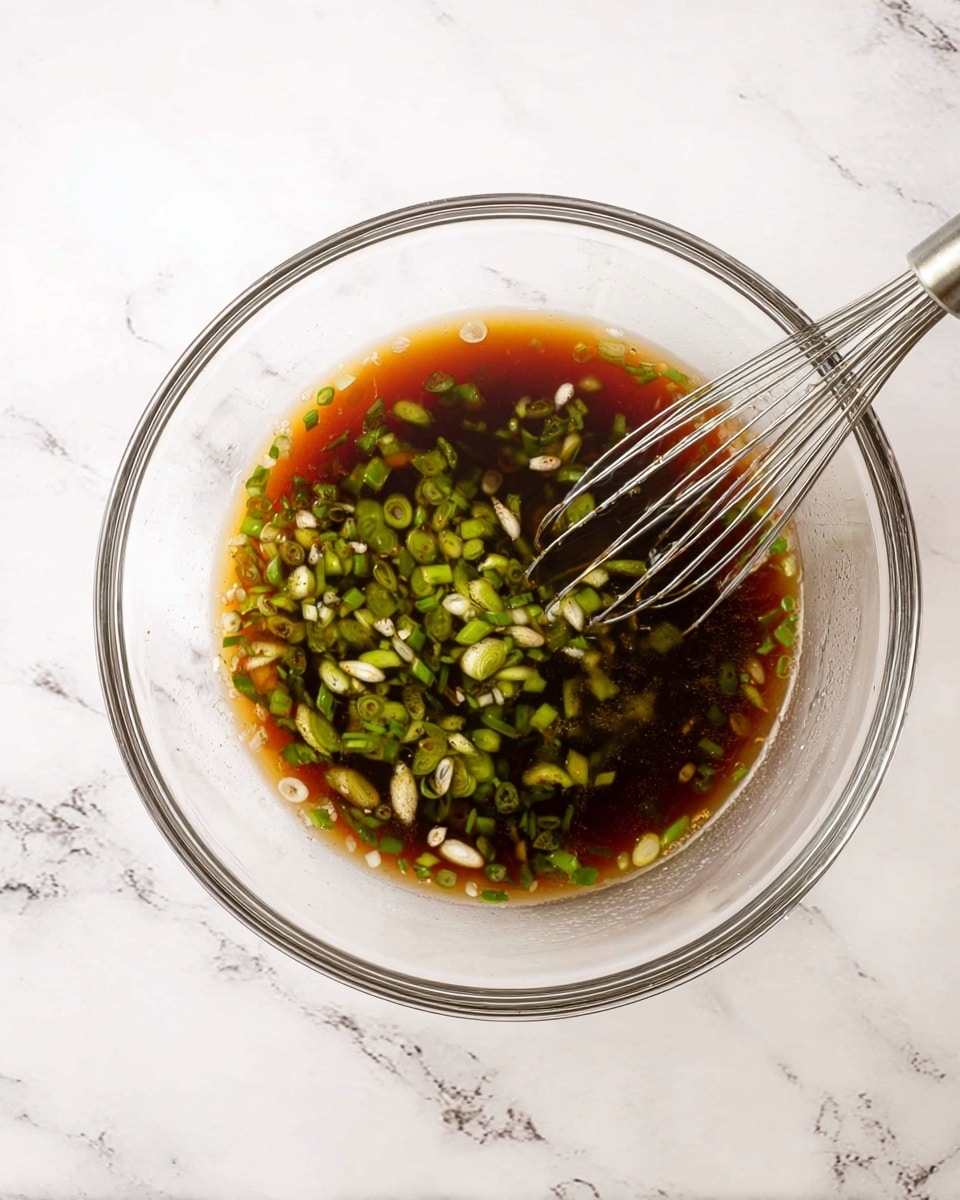 A clear glass bowl sits on a white marbled surface, filled with a single layer of dark brown liquid. Small pieces of green and white sliced vegetables float evenly throughout the liquid, adding a pop of color. A metal whisk rests beside the bowl, partially visible and clean. The image is bright and focused from above, highlighting the smooth texture of the liquid and the freshness of the chopped vegetables. photo taken with an iphone --ar 4:5 --v 7
