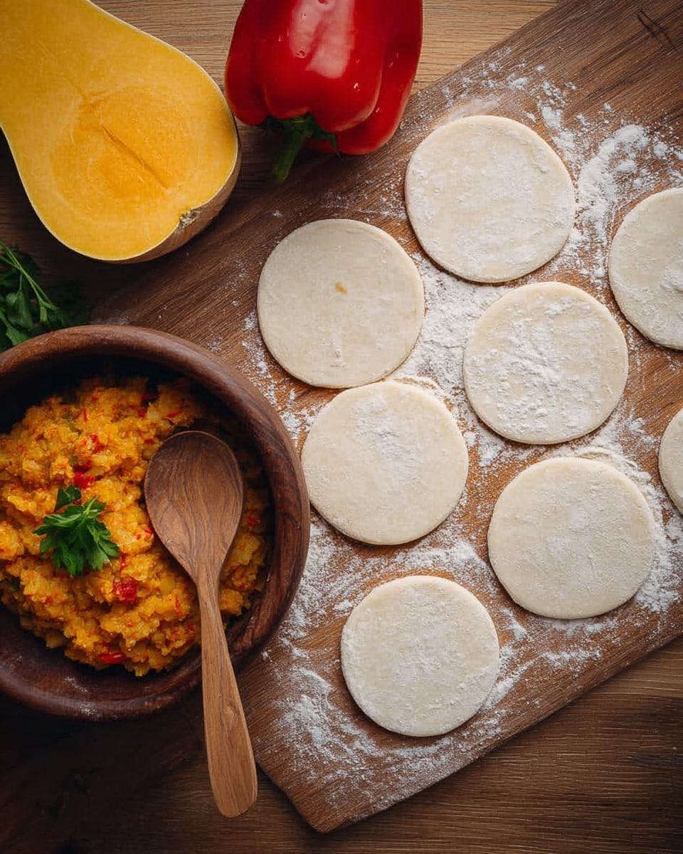 A wooden surface with several thin, round white dough circles dusted lightly with flour spread out evenly. To the left, there is a cut yellow-orange squash with a smooth texture and a whole shiny red bell pepper resting beside it. A dark wooden bowl filled with a chunky orange mixture with red bits is placed near the top center, with a wooden spoon resting on the edge of the bowl, and a small green parsley leaf garnish on the mixture. The light highlights the textures of the dough and ingredients clearly. photo taken with an iphone --ar 4:5 --v 7