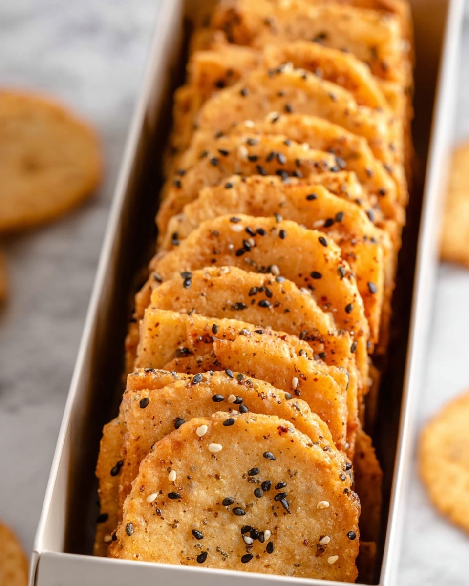 A tall rectangular white box is filled with many round, golden-brown crackers standing vertically in a neat row. Each cracker has a slightly rough texture and is sprinkled with both black and white sesame seeds, which add small specks of color and texture to their edges. The crackers have a crispy look with lightly browned spots on the surface. The background shows a white marbled texture with a few out-of-focus crackers scattered around. photo taken with an iphone --ar 4:5 --v 7