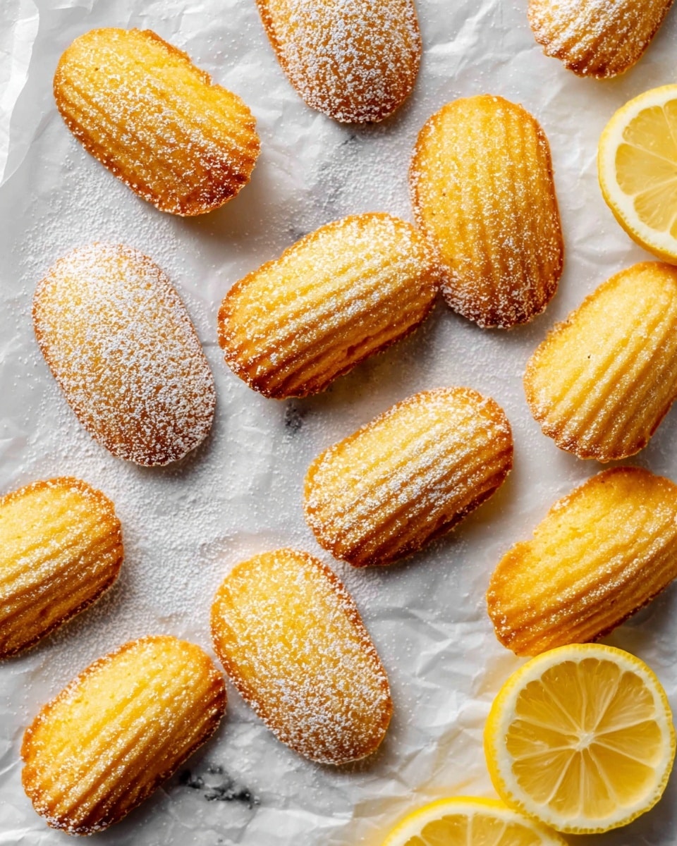 A batch of golden yellow madeleines with a light, slightly rough texture is spread out on crinkled white parchment paper over a white marbled surface. Each madeleine is shell-shaped with fine ridges on top, dusted with white powdered sugar that creates a soft contrast on the warm color. On the right side, two lemon halves with bright yellow flesh and white pith are placed, adding a fresh look to the scene. The overall feel is clean and inviting, with a focus on the delicate, small cakes. photo taken with an iphone --ar 4:5 --v 7