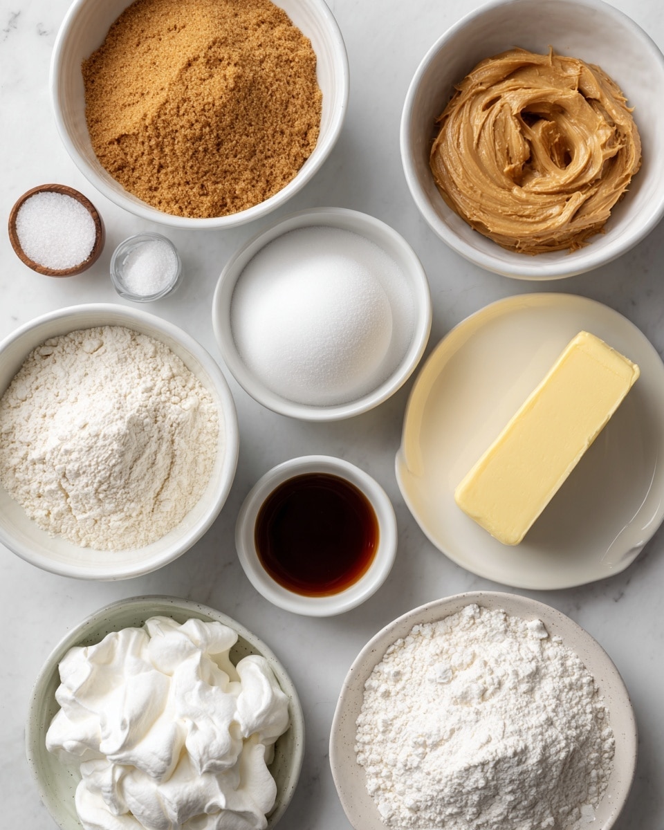 A top view of several white bowls and a white plate arranged on a white marbled surface, each containing a different baking ingredient. From top left to bottom right, there is a bowl with brown sugar, a bowl with light brown sugar, a bowl with light brown peanut butter that has a smooth texture, a bowl with white sugar, a bowl with an egg, a bowl with baking soda and baking powder powder, a small bowl with vanilla extract dark brown liquid, a bowl with fluffy white marshmallow fluff, a small bowl with white salt, a white bowl filled with white flour, and a white plate holding a rectangular piece of pale yellow butter. Each bowl and plate is spaced neatly in an organized manner, showing a clear view of all ingredients. Photo taken with an iphone --ar 4:5 --v 7