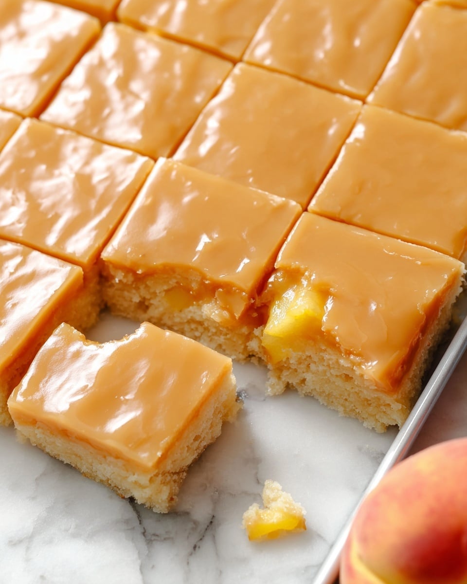 The image shows a tray of square pieces of a light-colored dessert with a smooth, glossy caramel-like layer on top. Each piece is cut evenly, revealing a soft, yellowish base layer that looks moist and fluffy. One piece is missing from the corner, showing the textured inside and a small chunk of yellow fruit embedded near the bottom. The tray sits on a white marbled surface, with a peach partially visible in the lower right corner. The lighting highlights the shiny texture of the top layer. Photo taken with an iphone --ar 4:5 --v 7