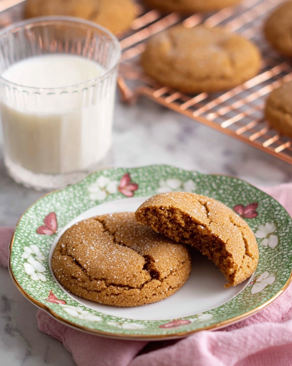A white plate with a green patterned rim and butterfly designs holds two brown cookies, one whole and one broken in half showing a soft inside texture. The cookies have a cracked surface with a light sprinkle of sugar on top. Behind the plate, there is a tall clear glass filled with white milk. In the background, several more cookies rest on a copper-colored cooling rack on a white marbled surface. A pink cloth is partially visible under the plate. Photo taken with an iphone --ar 4:5 --v 7