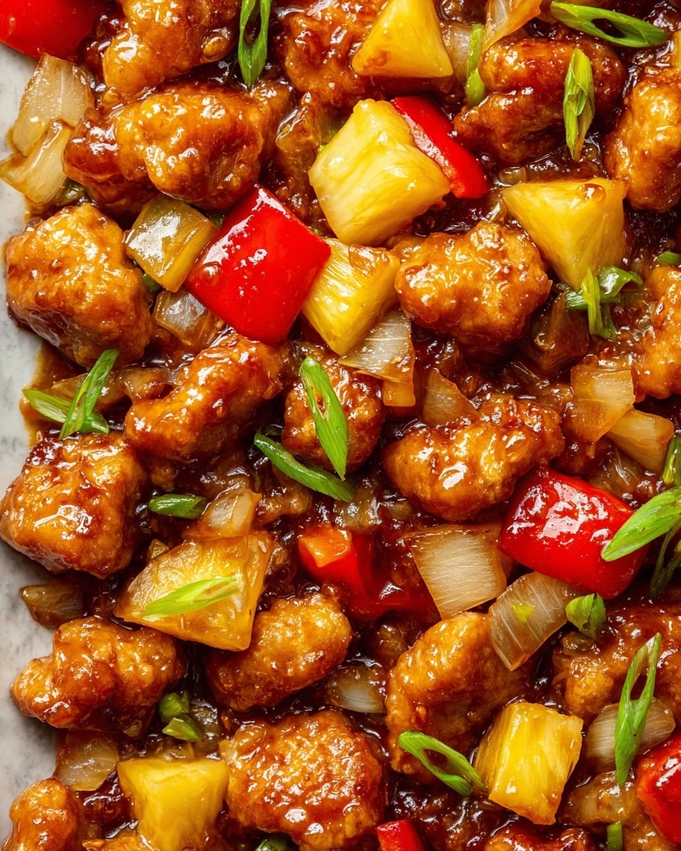 This image shows a close-up of golden-brown fried chicken pieces mixed with chunks of yellow pineapple and white onion pieces enveloped in a shiny, thick brown sauce. Bright red bell pepper pieces add a pop of color, and small green scallion slices are scattered on top. The textures vary from the crispy fried chicken to the juicy pineapples and crunchy onions, all coated with the glossy sauce. The overall look is rich and colorful, with a small amount of green from the scallions breaking the warm tones of yellow, red, and brown, set on a white marbled background. photo taken with an iphone --ar 4:5 --v 7