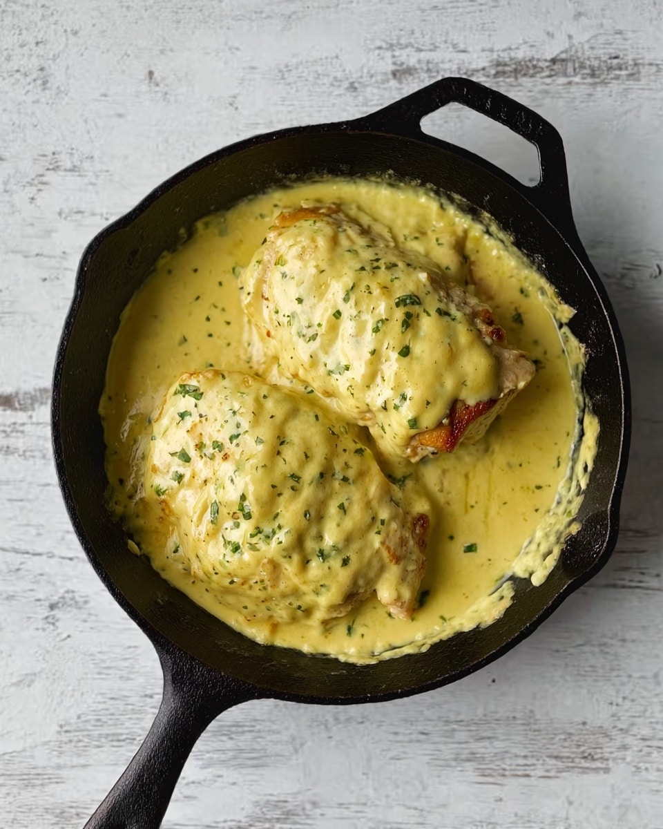 A black cast iron pan holds two pieces of chicken covered in a thick, creamy yellow sauce with small herb flakes, which fills the pan around the chicken. The surface underneath is a white marbled texture. The chicken pieces are partially visible beneath the sauce, showing light brown edges, while the sauce looks smooth and rich. Photo taken with an iphone --ar 4:5 --v 7