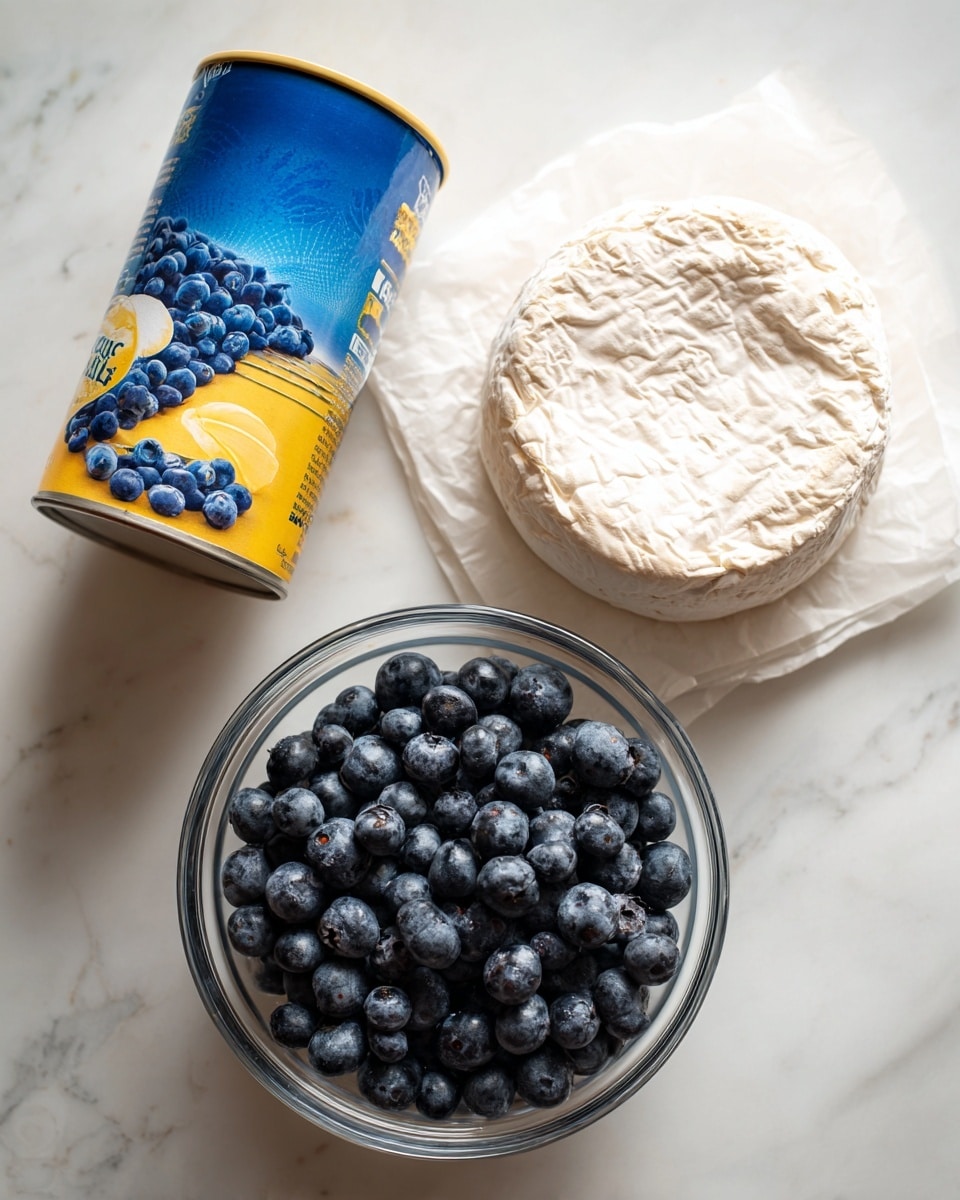 The image shows three main items arranged on a white marbled surface. On the left is a blue and yellow cylindrical can of crescent dough standing upright. In the middle, a round block of soft white cheese rests on a piece of white parchment paper, with a pale beige rind and a soft creamy texture visible. On the right side, there is a transparent glass bowl filled with dark blue and plump blueberries. All items are spaced evenly and clearly visible. photo taken with an iphone --ar 4:5 --v 7