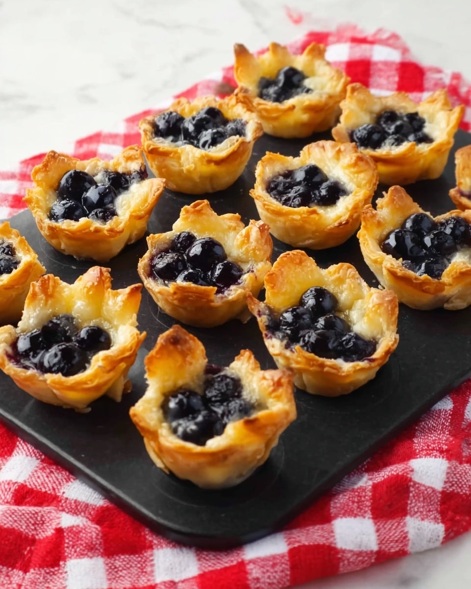 A black tray holds twelve small, golden-brown mini tart cups arranged in rows, each with flaky and crisp edges rising up like petals around a dark filling of fresh blueberries. The blueberries are glossy and clustered in the center of each tart, providing a deep blue and purple contrast against the warm, buttery crust. The tray is placed on a red and white checkered cloth, adding a cozy, classic picnic feel to the scene, with the whole setup on a white marbled surface. photo taken with an iphone --ar 4:5 --v 7