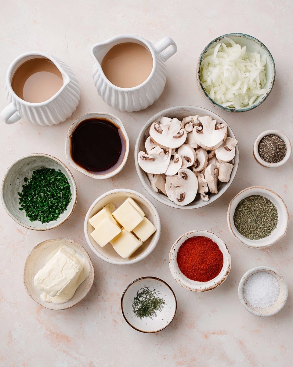 The image shows a flat lay of various cooking ingredients placed on a white marbled surface. There are 13 containers with different ingredients: two white ceramic pitchers with a ribbed texture holding a light brown liquid and milk, one small white bowl with a dark thick sauce, one small bowl with chopped white onions, a round white bowl filled with sliced white mushrooms, a rustic small bowl with finely chopped green herbs, a white bowl with four cubes of butter, another small white bowl with a white powder, a small dish with chopped dried dill, a small dish with red chili powder, a small dish with black pepper, and a small cup with coarse white salt. The arrangement is neat, with the ingredients spread out and spaced evenly, photographed from above with soft light. photo taken with an iphone --ar 4:5 --v 7