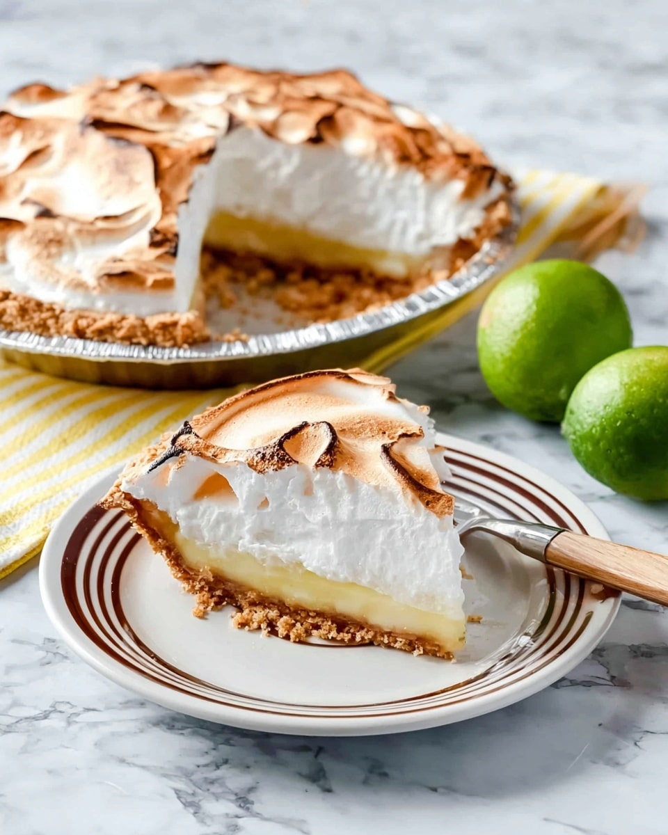 The image shows a lemon meringue pie with one slice on a white plate with brown stripes, placed on a white marbled surface. The pie has three layers: a golden brown crumbly crust at the bottom, a creamy pale yellow lemon filling in the middle, and a thick white meringue on top with brown toasted spots from baking. The whole pie, in a silver aluminum pie pan, is visible next to the plate, and two green limes sit in the background on a yellow and white striped cloth. A fork with a wooden handle rests on the plate behind the slice. photo taken with an iphone --ar 4:5 --v 7