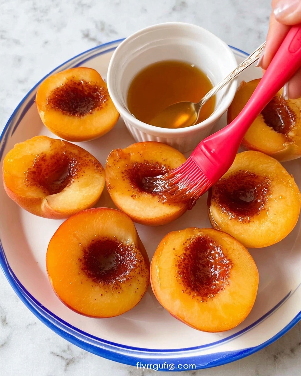 A white plate with a thin blue rim holds eight peach halves arranged closely together. Each peach half is golden orange with a slightly shiny, smooth texture, and the center cavity is filled with a dark brown syrupy glaze that reflects light. A woman's hand with a red silicone brush is brushing the glaze on one peach, adding a glossy finish. Next to the plate is a small white ramekin with a golden brown liquid inside and a spoon resting in it. The background is a white marbled surface. photo taken with an iphone --ar 4:5 --v 7
