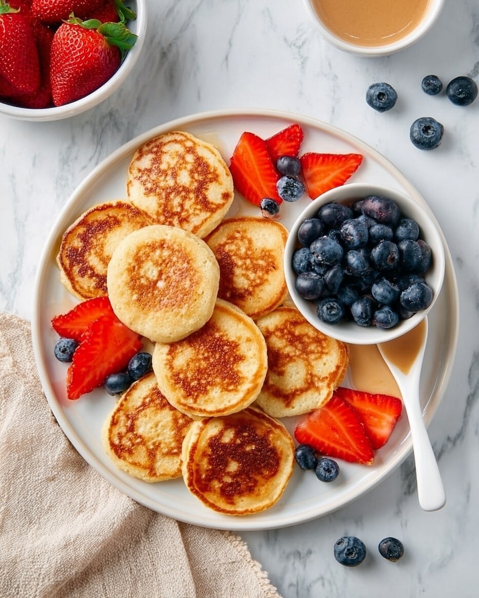 A black frying pan holds four small, round yellow batter pancakes cooking evenly spaced inside it. The pancakes show a few small bubbles starting to rise on their slightly shiny surfaces, indicating they are cooking through. The frying pan has a metal handle and is set on a white marbled texture surface with a beige cloth partially visible in the corner. Photo taken with an iphone --ar 4:5 --v 7