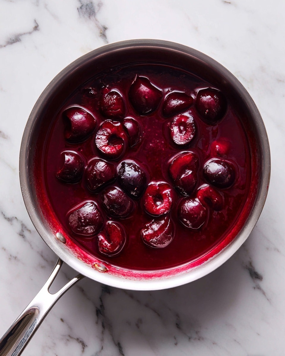 A small silver pan sits on a black stovetop with a white marbled surface beneath. Inside the pan is a thick deep red sauce with large pieces of dark red fruit simmering in it. The sauce is shiny and smooth, with some of the fruit pieces partially submerged and others sitting on top. The silver handle of the pan extends outward to the left, emphasizing the cooking process. photo taken with an iphone --ar 4:5 --v 7