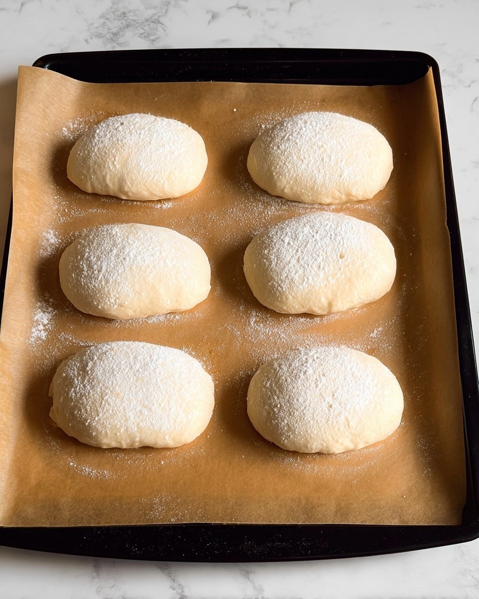 The image shows six pieces of dough resting on a sheet of brown parchment paper, placed on a baking tray. Each dough piece is a soft cream color, round or slightly oval, with a light dusting of white flour on top giving a powdery texture. The dough pieces are arranged in two rows with three pieces each, spaced evenly apart. The baking tray has a black edge, and the surrounding surface beneath the tray is a white marbled texture. photo taken with an iphone --ar 4:5 --v 7