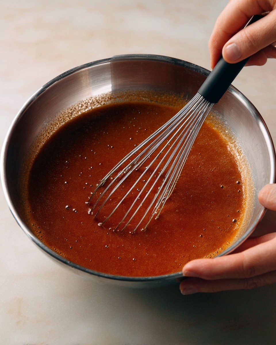 A metal bowl with a shiny surface holds a reddish-brown smooth liquid being whisked, showing a glossy, thick texture with small bubbles on the edges. A woman's hand is grasping a metal whisk with a black handle, stirring the mixture, while another woman's hand steadies the bowl from the bottom left side. The bowl is placed on a white marbled surface with soft lighting highlighting the liquid’s shiny surface and the metal’s reflective qualities. photo taken with an iphone --ar 4:5 --v 7