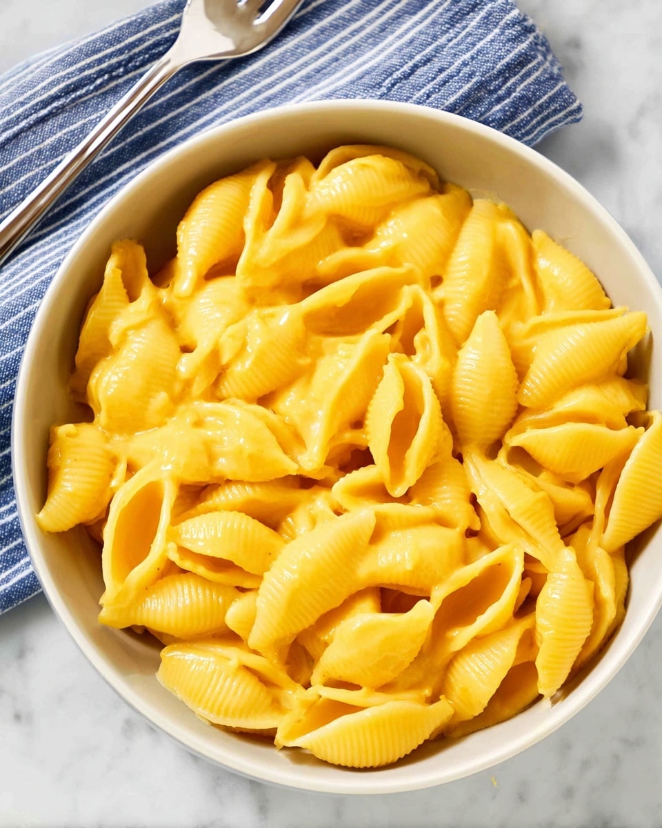 A close-up view of a white bowl filled with a single layer of bright yellow shell pasta coated in a smooth cheese sauce, showing the pasta's curved shapes and ridged texture. The bowl sits on a white marbled surface with a blue and white striped cloth underneath, with a silver fork placed diagonally above the bowl. The lighting highlights the glossy, creamy texture of the pasta. Photo taken with an iphone --ar 4:5 --v 7