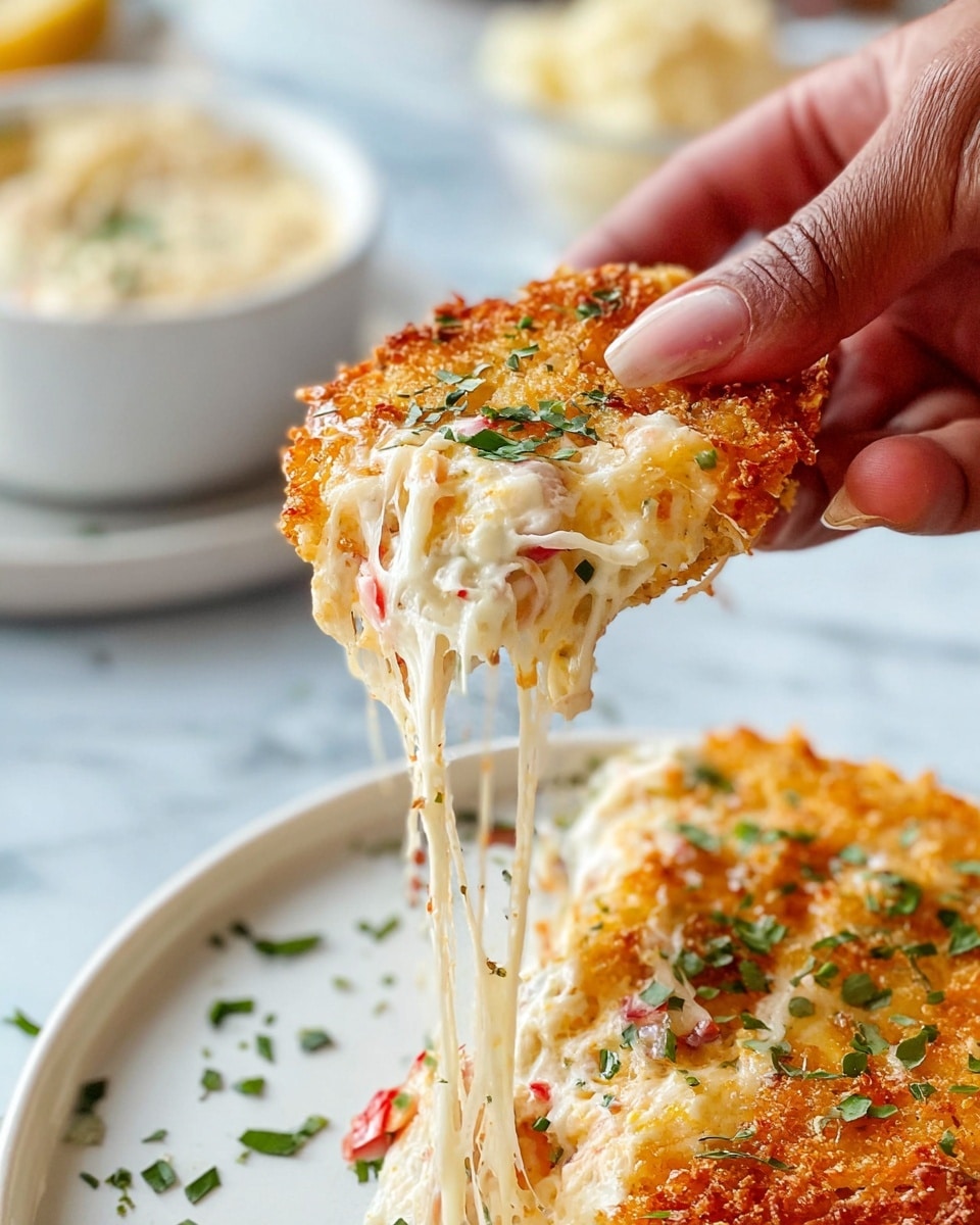 A close-up image shows a woman's hand pulling apart a golden brown crispy dip with melted, stretchy white cheese mixed with small bits of green herbs and tiny red pepper pieces inside. The dip's outer layer is crunchy and textured, while the inner creamy cheese filling is stringy and soft. The dip is held above a white plate sprinkled with chopped green herbs, all set on a white marbled surface. In the blurred background, there is a white bowl topped with a creamy mixture. photo taken with an iphone --ar 4:5 --v 7