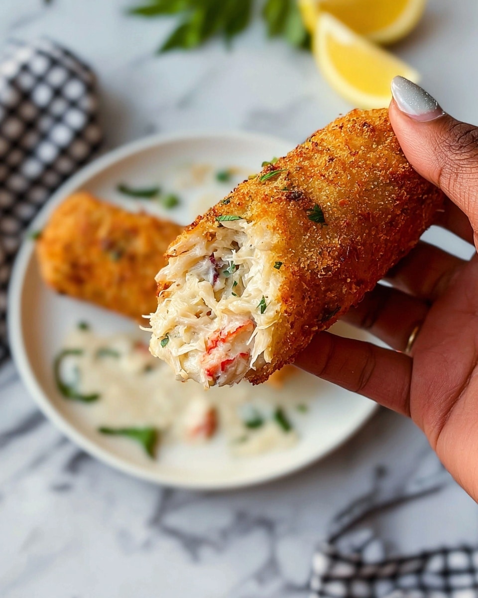 A close-up of a woman's hand holding a single breaded and fried roll with a crispy golden-brown outer layer. Inside, there are two visible layers: a creamy white filling mixed with shredded white pieces and small bits of red and green herbs or vegetables, giving it a slightly chunky texture. The roll is held over a white plate with scattered green herbs and a half lemon wedge on the side, all placed on a white marbled surface with a black and white checkered cloth nearby. Photo taken with an iphone --ar 4:5 --v 7