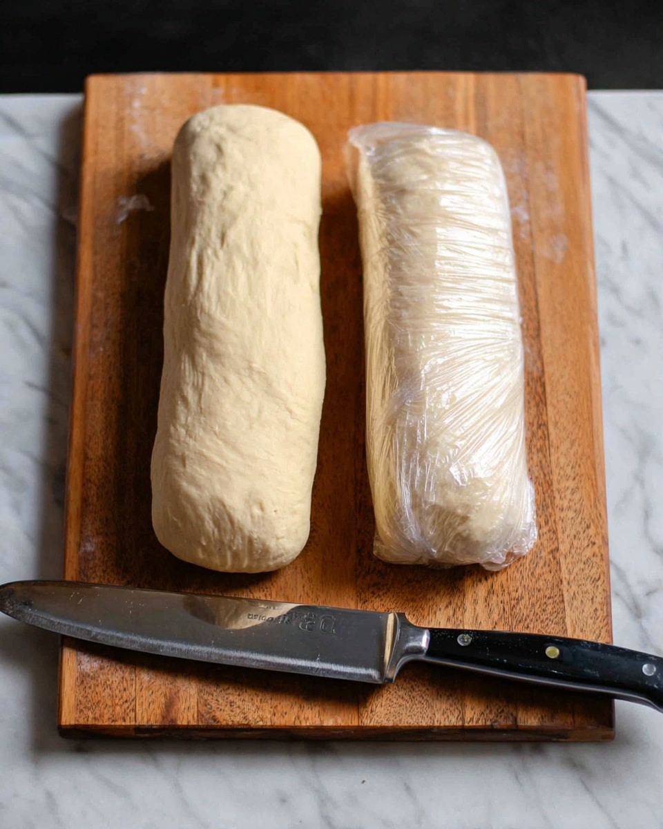 The image shows two logs of dough placed side by side on a wooden cutting board. The dough log on the left is uncovered, showing a smooth, pale beige surface with slight wrinkles and an elongated cylindrical shape. The dough log on the right is wrapped in a transparent plastic wrap, with visible folds creating a shiny, textured appearance. Below the dough logs, at the bottom left corner of the cutting board, lies a large, shiny knife with a reflective blade and a black handle. The cutting board rests on a white marbled surface, and in the background, there is a dark blurred area. photo taken with an iphone --ar 4:5 --v 7