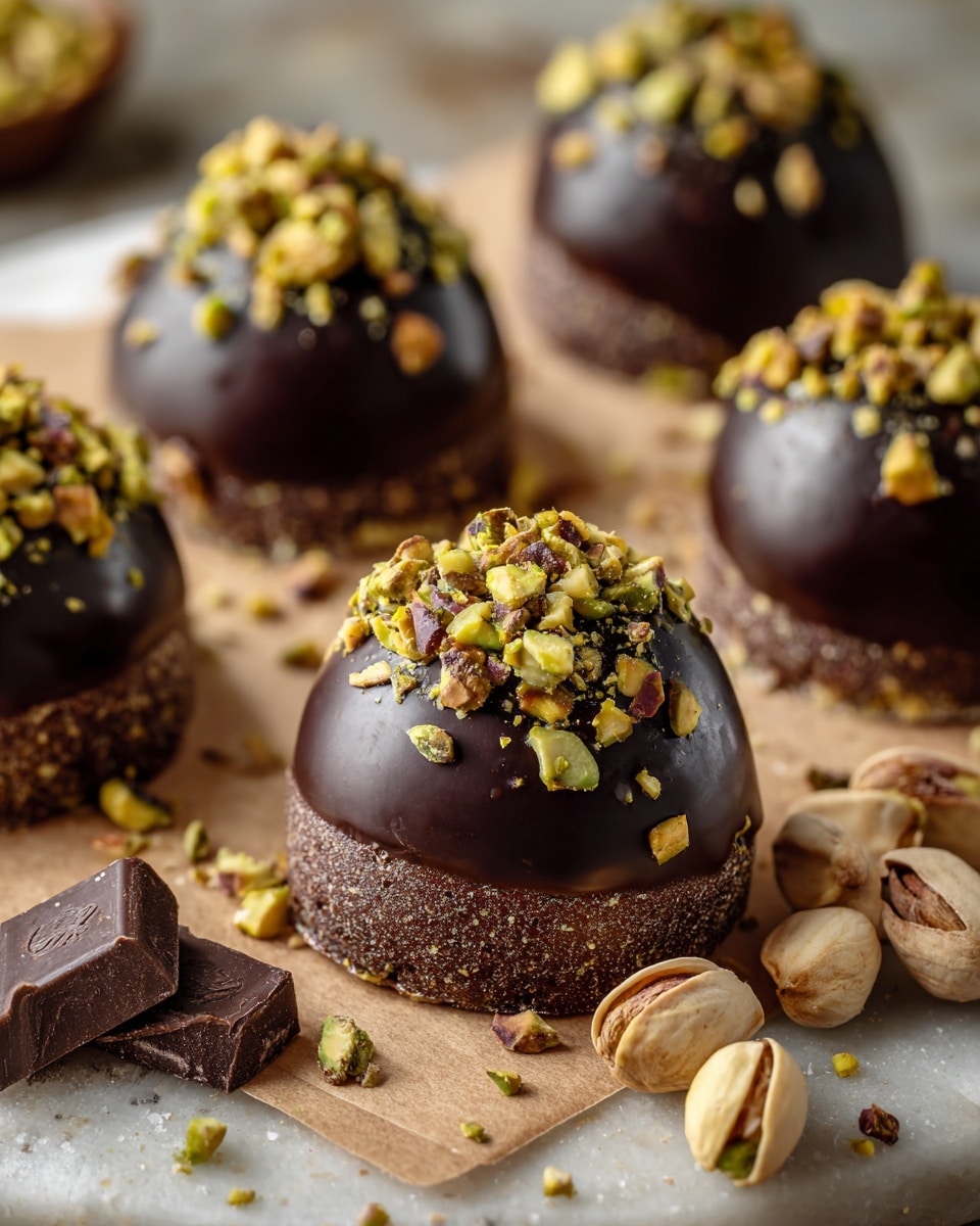 The image shows several dome-shaped chocolate treats on a white marbled surface covered with cartoon-patterned brown paper. Each treat has a thick layer of shiny dark chocolate with a rough texture, topped by crushed pistachio pieces scattered unevenly on top and around the edges. The chocolate layers look smooth but firm, giving a rich, dense appearance. Near the treats, there are whole and opened pistachios along with small pieces of dark chocolate squares. The shot is taken close up, showing details of the nuts and chocolate textures clearly, with soft natural light highlighting the glossy chocolate surfaces. photo taken with an iphone --ar 4:5 --v 7