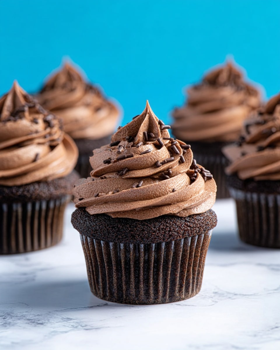 The image shows multiple chocolate cupcakes arranged on a white marbled surface with a bright blue background. Each cupcake has a dark brown base with a slightly rough texture, wrapped in a ridged dark brown liner. On top of each cupcake, there is a thick swirl of smooth, creamy chocolate frosting in a medium brown color, rising in layers to a pointed peak. The frosting is sprinkled with small, darker chocolate sprinkles scattered evenly mostly on the top swirl. The focus is on the front center cupcake, making it appear prominent, while the others blur softly in the background. Photo taken with an iphone --ar 4:5 --v 7