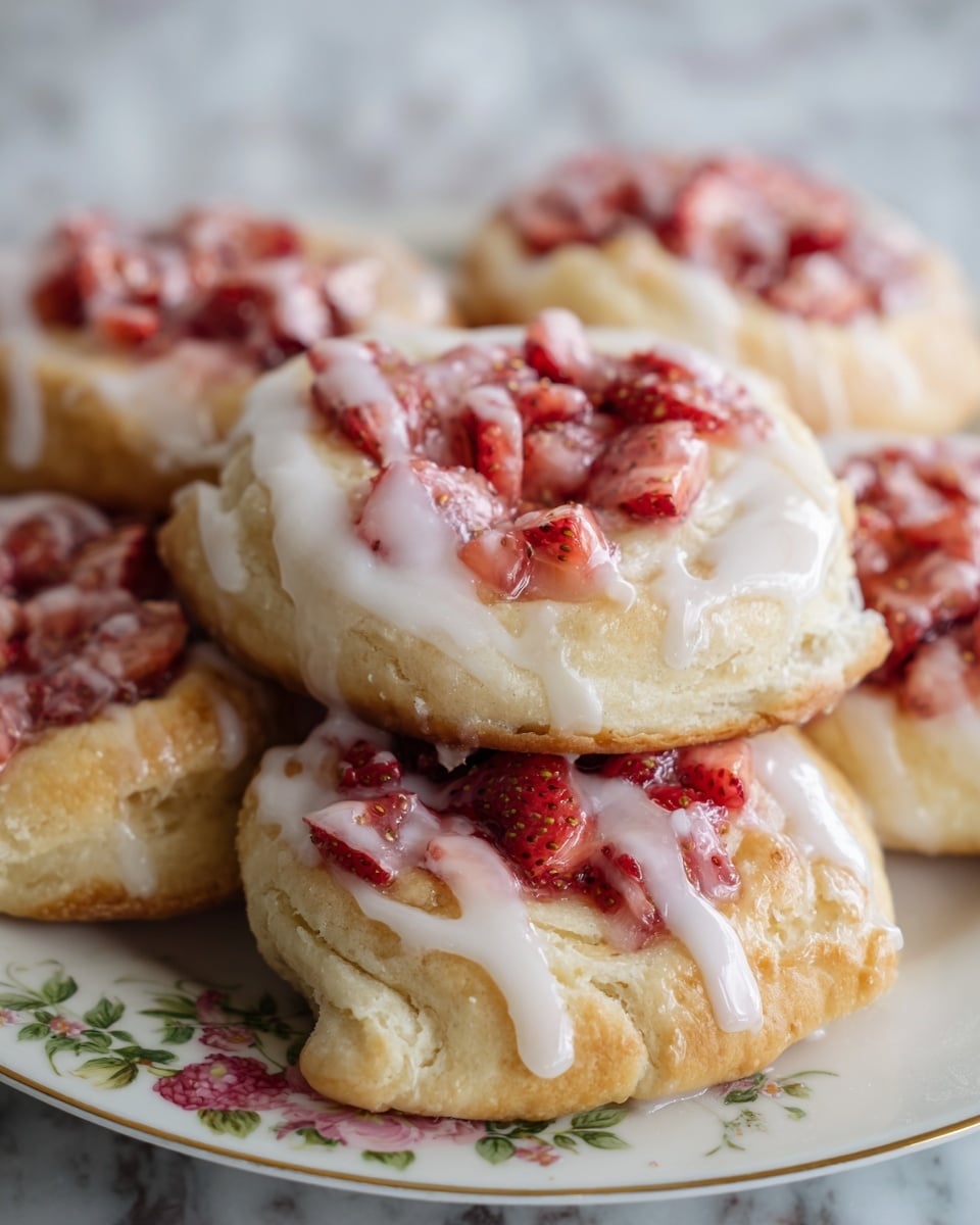 The image shows several round pastries with a light golden-brown crust forming the first layer. On top of the crust, there is a bright red and pink mixture of chopped strawberries, slightly glossy and juicy, as the second layer. The third layer is a thin white icing drizzled unevenly over the pastries, some parts thicker and some parts more transparent, adding a shiny texture. All the pastries are stacked closely on a white plate with a delicate floral pattern. The scene is set on a white marbled surface, creating a clean and soft background. photo taken with an iphone --ar 4:5 --v 7