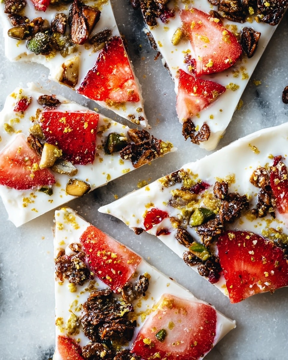 The image shows several white frozen yogurt bark pieces arranged on a white plate on a white marbled surface. Each bark piece has a smooth white base topped with thin red and pink strawberry slices scattered evenly on the surface. There are sprinkled crushed nuts in light brown and green colors spread over the bark, adding texture. The bark is broken into irregular square and rectangular shapes, stacked slightly overlapping one another. A woman's hand is holding one square bark piece at the center, showing its thickness and toppings clearly. The photo taken with an iphone --ar 4:5 --v 7