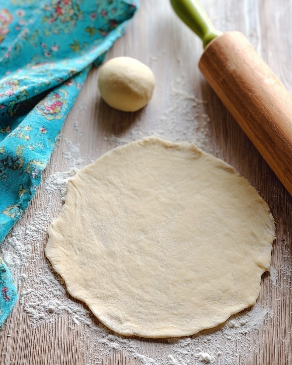 A round, thin dough layer with a slightly uneven edge lies flat on a wooden surface dusted with flour. Near the top left, there is a small ball of dough, smooth and light beige in color. On the right side, there is a wooden rolling pin with green-colored ends resting on the surface. A turquoise cloth with a floral pattern is partially visible on the upper left corner. The background is a white marbled texture. photo taken with an iphone --ar 4:5 --v 7