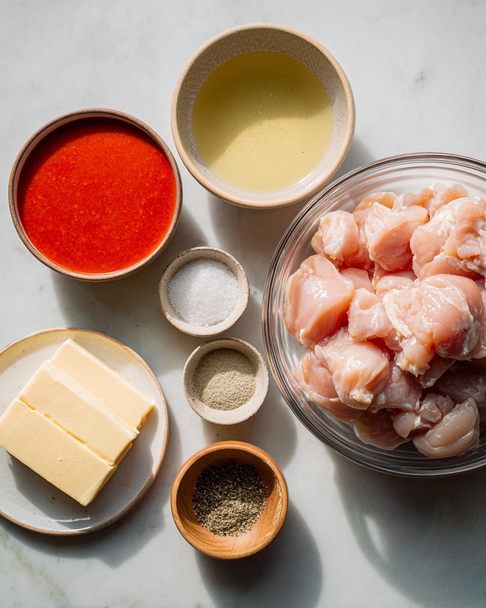 The image shows six ingredients on a white marbled surface arranged in two rows. On the right side, there is a large clear glass bowl filled with many pieces of raw, light pink chopped chicken. To its left, there is a small round tan bowl holding smooth bright red sauce. Below the sauce bowl, there is a small white bowl with a thick pale green liquid inside. To the left of it, a white plate holds several slices of pale yellow butter in a short stack. Between the butter and the sauce, two small wooden bowls sit side by side—one filled with light beige powder and the other with white salt and black pepper mixed together. The lighting is soft and natural, highlighting the colors and textures clearly. Photo taken with an iphone --ar 4:5 --v 7