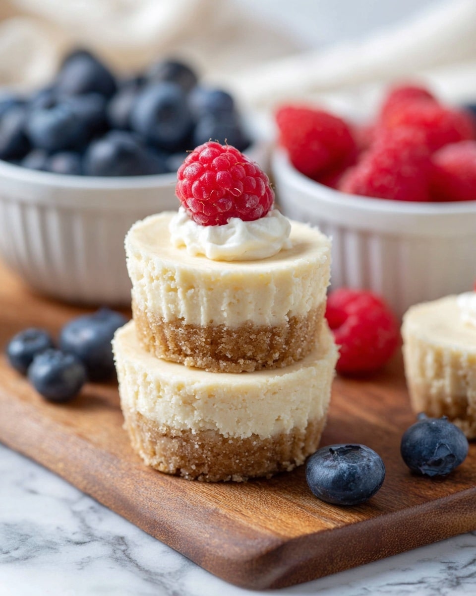 Two small cheesecakes are stacked on top of each other on a wooden board, each with two layers: a creamy pale yellow top layer with a smooth texture and a light brown crumbly base. Around the cheesecakes, there are fresh blueberries and raspberries, showing their deep blue and bright red colors with smooth and bumpy textures. In the background, a clear glass bowl holds more red raspberries and blue blueberries. One cheesecake in the background has white whipped cream topped with a red raspberry and a blueberry. The whole scene is placed on a white marbled surface. photo taken with an iphone --ar 4:5 --v 7