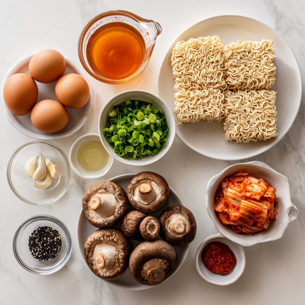 The image shows ingredients for kimchi ramen arranged neatly on a white marbled surface. There are two brown eggs in a small white dish at the top left. Below and to the left is a glass measuring cup filled with orange-brown vegetable stock. To the right of the eggs, a white plate holds three blocks of light beige instant noodles with a crinkly texture. In front of the noodles is a small white bowl of chopped green spring onions, and next to it is a small glass bowl filled with reddish-orange kimchi. Above the kimchi is a small white bowl containing black sesame seeds. Towards the bottom left corner, a small glass holds clear mild-flavored oil. Next to it is a tiny white bowl with minced garlic. At the bottom-center is a plate holding several whole shiitake mushrooms, brown with a textured cap. Finally, a small white bowl in between the noodles and mushrooms contains a vivid red gochujang paste. The setup is well lit and clear, photo taken with an iphone --ar 4:5 --v 7