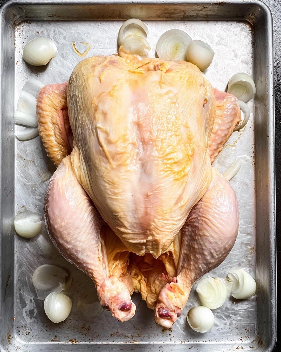 A raw whole chicken with light skin color is placed in the center of a silver baking tray. The chicken is lying on its back with legs slightly spread and wings tucked in. Around the chicken, there are several white onion rings scattered unevenly, some close to the edges and some under the chicken. The chicken skin looks moist and shiny, reflecting light, with visible textures of skin and slight yellowish and pinkish tones. The baking tray has a smooth, slightly reflective surface with faint scratches. photo taken with an iphone --ar 4:5 --v 7