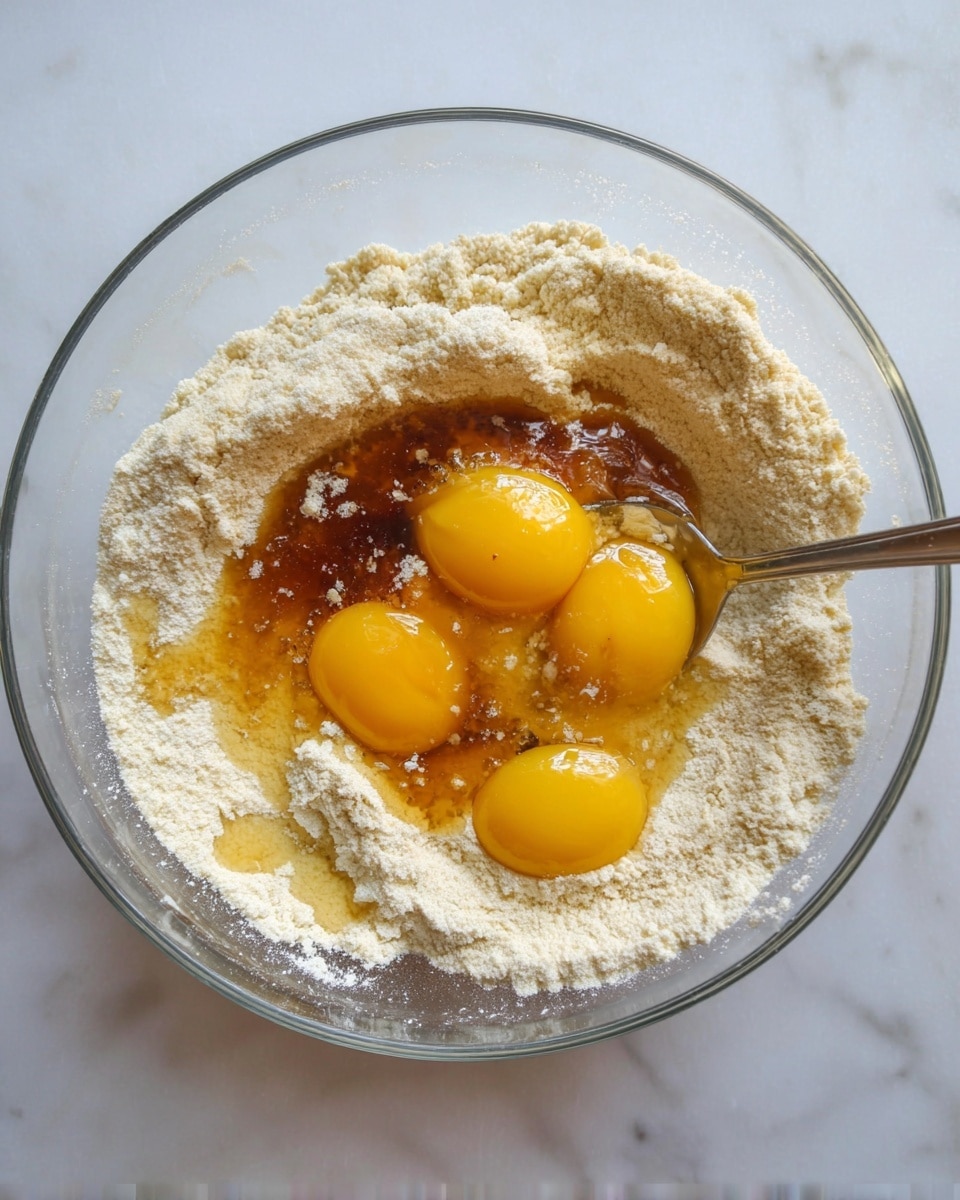 A clear glass bowl sits on a white marbled surface, filled with a mix of ingredients ready to be combined. The outer layer inside the bowl is a thick, light beige flour dust with a grainy texture. Four bright yellow egg yolks rest in the middle area, surrounded by a shiny layer of golden to dark amber liquid that looks like syrup or melted butter. A spoon on the right side dips into the mixture, touching some of the amber liquid and flour. The whole scene shows the mixing process before blending. Photo taken with an iphone --ar 4:5 --v 7