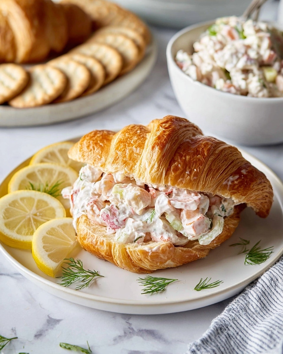 A golden croissant sandwich sits on a white plate with small green dill sprigs sprinkled on top and around it. Inside the croissant, there is a creamy filling made of white sauce mixed with pink chunks of seafood and small bits of green celery. On the left side of the plate, thin lemon slices add a bright yellow color contrast. In the background, a white bowl filled with the same creamy seafood mixture and a few round beige crackers scattered on a white marbled surface are visible, adding texture and depth to the image. A soft white and blue striped cloth is partially seen at the bottom right corner. Photo taken with an iphone --ar 4:5 --v 7