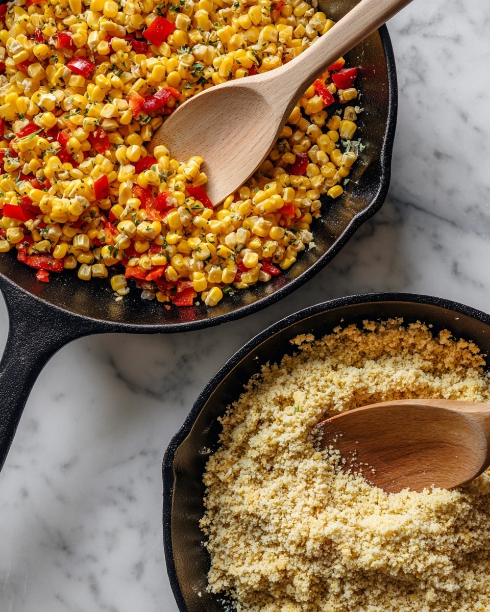 The image shows two cast iron pans on a white marbled surface with a wooden spoon in each. The top pan is filled with bright yellow corn kernels mixed with small pieces of red bell pepper and herbs, creating a colorful and fresh look. The wooden spoon lies across the corn, its light wood standing out against the vibrant mix. In the bottom pan, the same corn and pepper mix is partially covered by a light beige crumbly topping that looks like breadcrumbs or a cornmeal mixture being stirred in by a woman's hand holding the wooden spoon. The contrast between the bright corn and the pale crumb layer adds texture and depth. Photo taken with an iphone --ar 4:5 --v 7