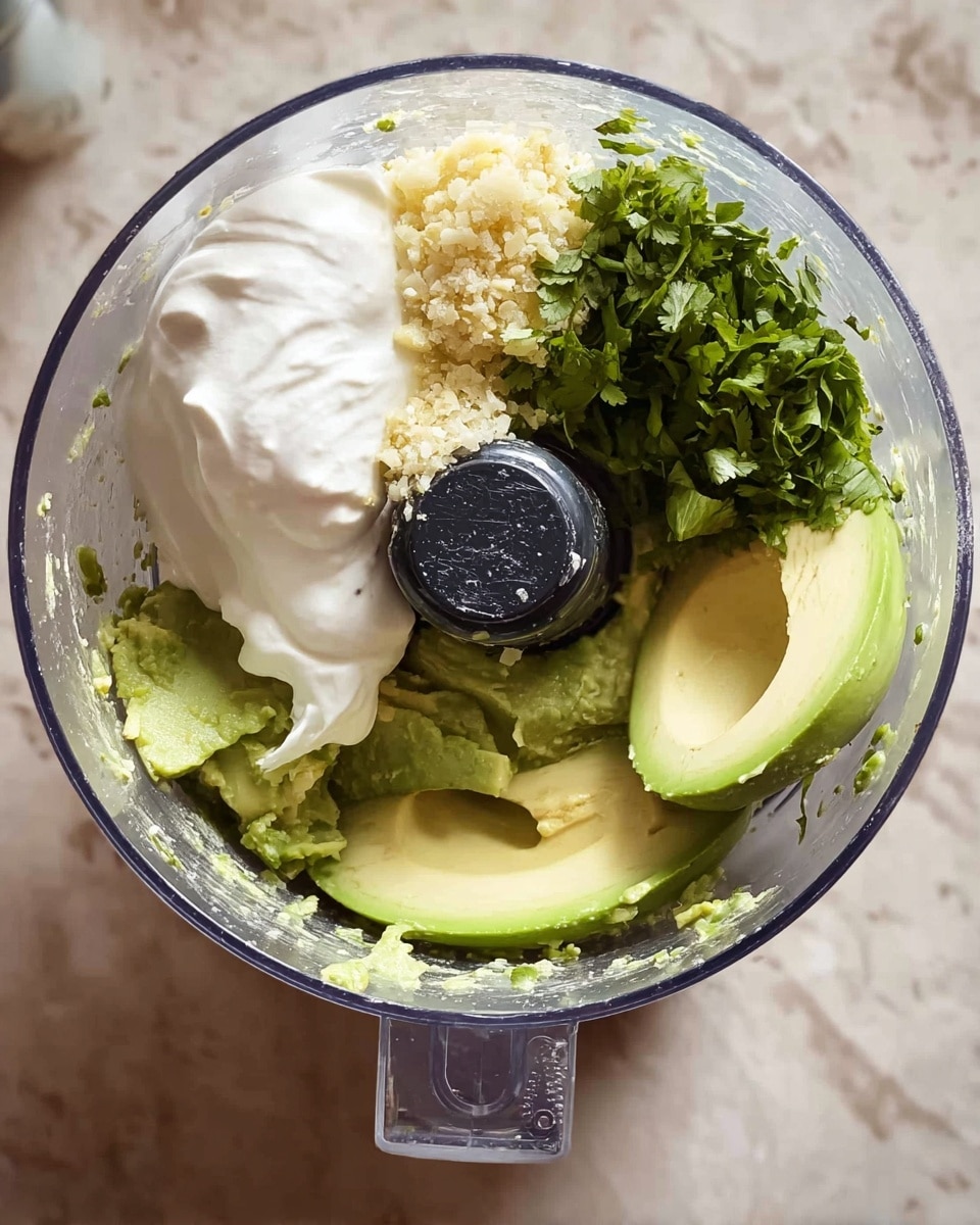 A clear plastic food processor bowl sits on a white marbled surface filled with several layers of ingredients for making a creamy green sauce. At the bottom and covering most of the base are large, pale green avocado halves with smooth flesh. On top and slightly to the left, there is a small mound of finely chopped garlic pieces that are light yellow and grainy. Adjacent to the garlic, a generous dollop of thick, white sour cream spreads toward the center. Above this, a small bunch of fresh green cilantro leaves lies loosely piled. The center is marked by the black food processor blade base, partially covered with bits of avocado and herbs. Photo taken with an iphone --ar 4:5 --v 7