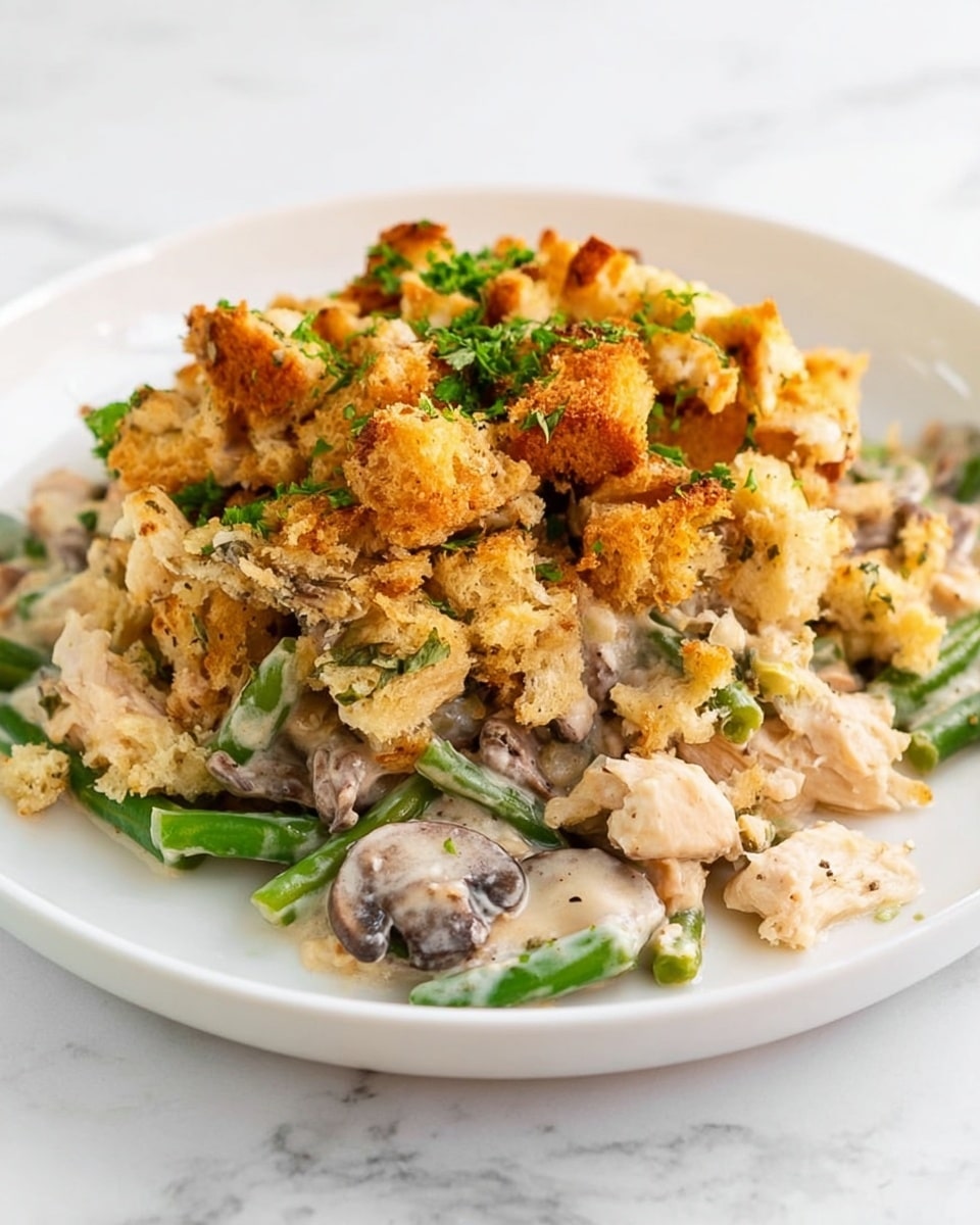 The dish on a white plate has three main layers. The bottom layer shows creamy white sauce mixed with green beans and small pieces of light beige poultry. Above this, there are scattered pieces of mushrooms with a grayish tint. The top thick layer is made of golden-brown crumbled toasted bread with specks of green herbs, giving a crunchy look. The plate sits on a white marbled surface. photo taken with an iphone --ar 4:5 --v 7