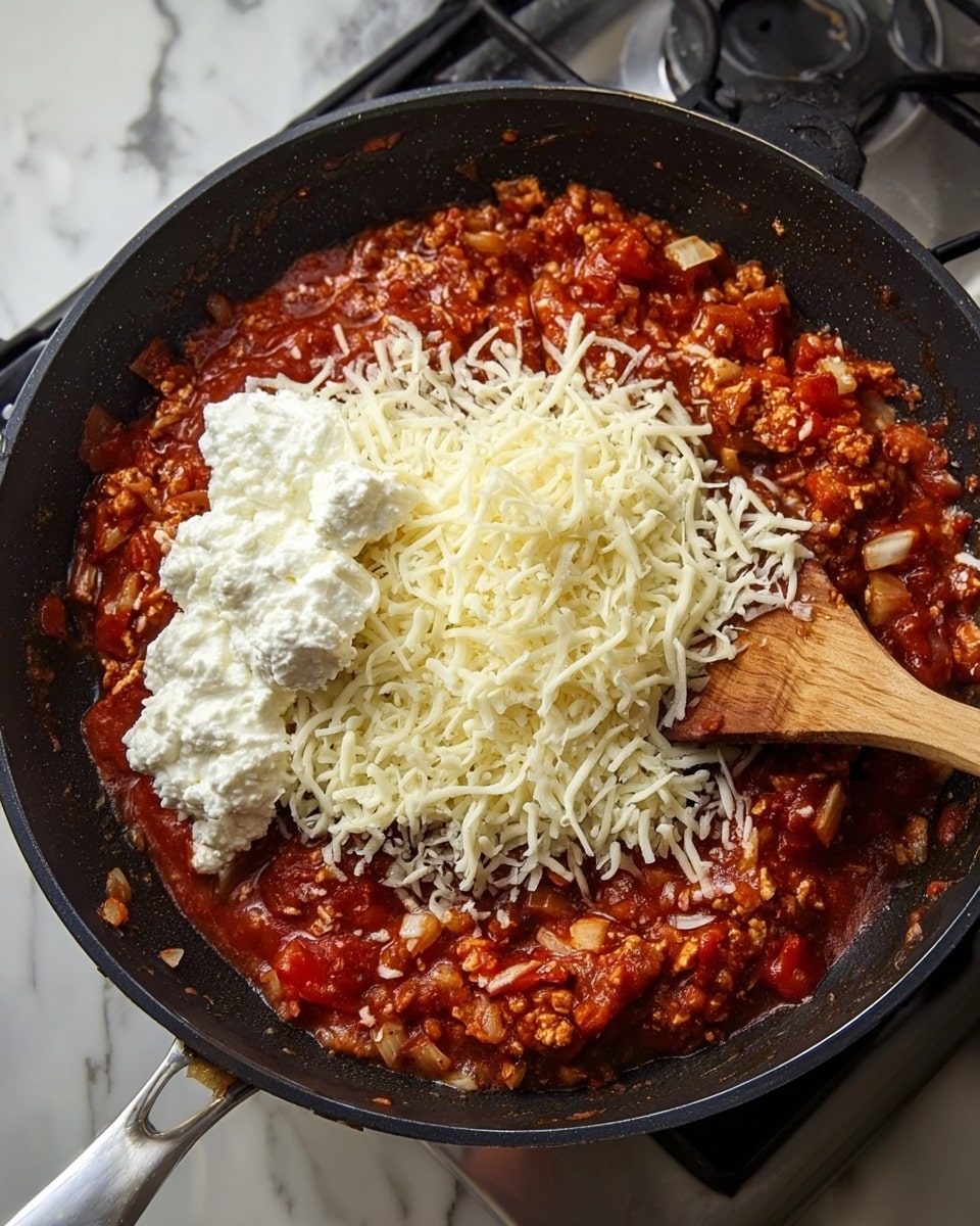 The image shows a black skillet on a stove with a wooden spoon stirring a mix of thick red sauce with small pieces of cooked meat and vegetables. On top of the sauce are two dollops of white cottage cheese placed side by side. In the center of the skillet, over the sauce and cottage cheese, is a generous pile of shredded white cheese. The skillet sits on a white marbled surface with the stove grates visible around it. Photo taken with an iphone --ar 4:5 --v 7