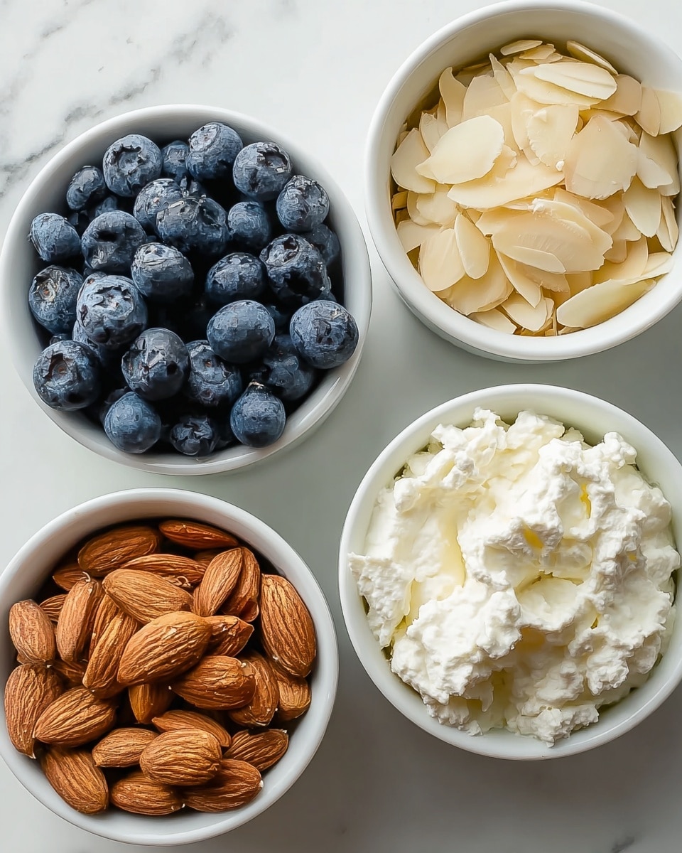 Four small white bowls sit together on a white marbled surface. The top left bowl is full of round, plump blueberries in a deep blue-purple color with a smooth texture. The top right bowl holds flat, oval almond slices in a pale beige shade, thin and layered. The bottom left bowl contains whole almonds in a warm brown tone with a smooth, matte finish. The bottom right bowl is filled with soft white cottage cheese mixed with smooth white cream, showing a lumpy yet creamy texture. Photo taken with an iphone --ar 4:5 --v 7