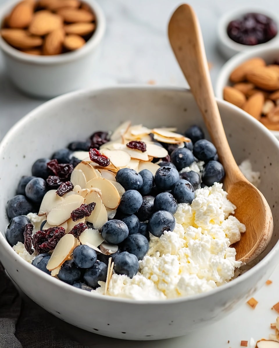 A white bowl filled with four main layers: the bottom layer is white cottage cheese with a soft, crumbly texture, placed on the right side; next to it, a cluster of dark blue blueberries with smooth, shiny skin covers the left side; sprinkled over both are thin, pale almond slices with a smooth, slightly curved shape; scattered among these are small dried dark red berries adding texture and color contrast, a wooden spoon with a light brown color sits on the right edge, resting inside the bowl over the toppings. The bowl is set on a white marbled surface with blurred small bowls of almonds and cottage cheese in the background on the upper side, photo taken with an iphone --ar 4:5 --v 7